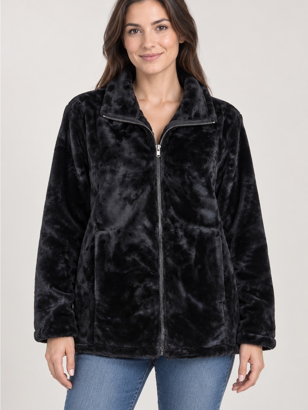 NWOT 32 Degrees Black Plush Faux-Fur Zip Front Jacket